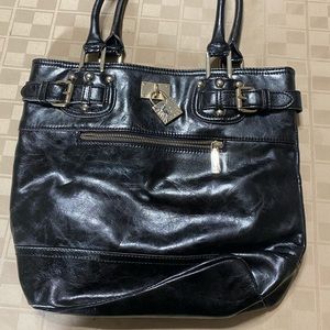 Anne Klein AK Zip Closure Tote/Purse/Bag Black Faux Reptile Gold‎ EUC 14” x 12”